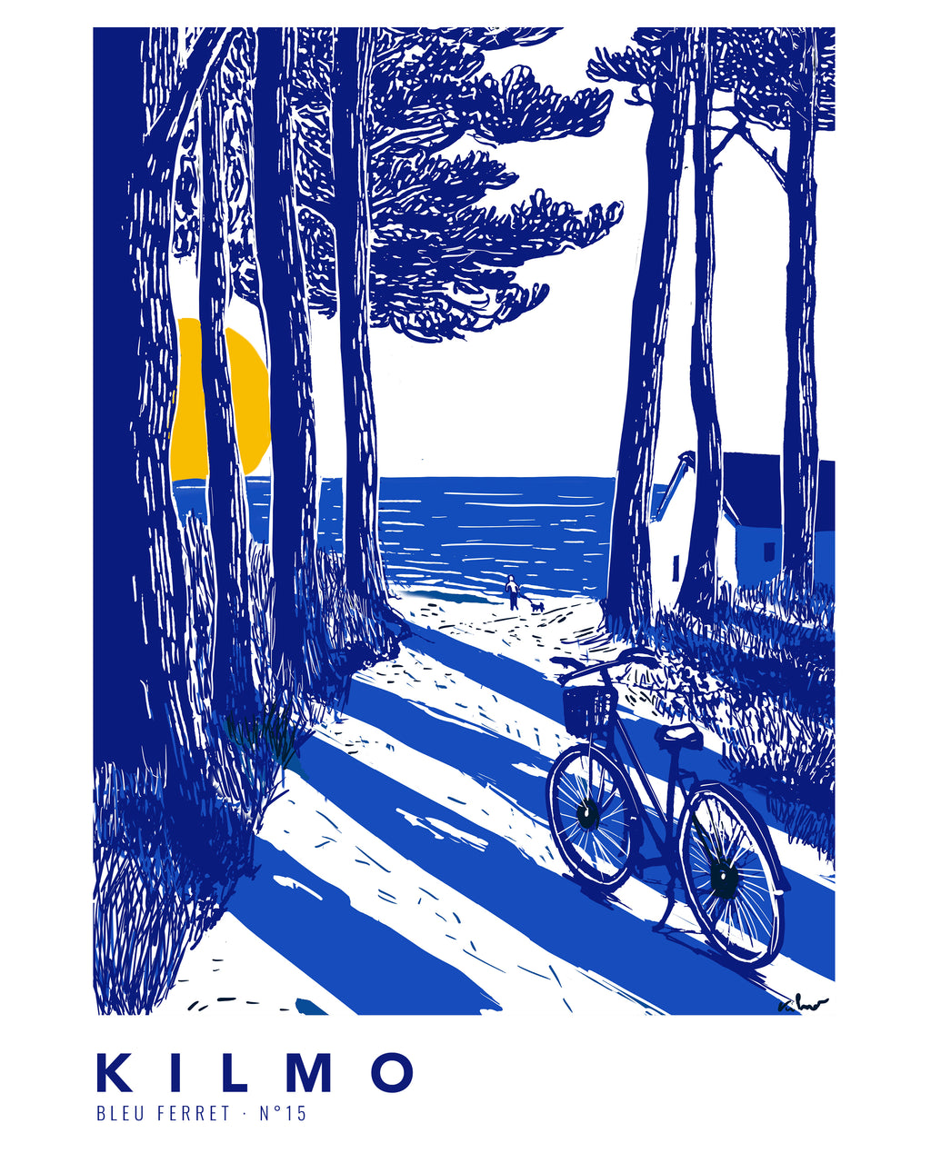 L'arrivée - Affiche Cap Ferret Plage et Pins | Poster Bassin d’Arcachon Bleu et Jaune | Décoration Bord de Mer | Bleu Ferret