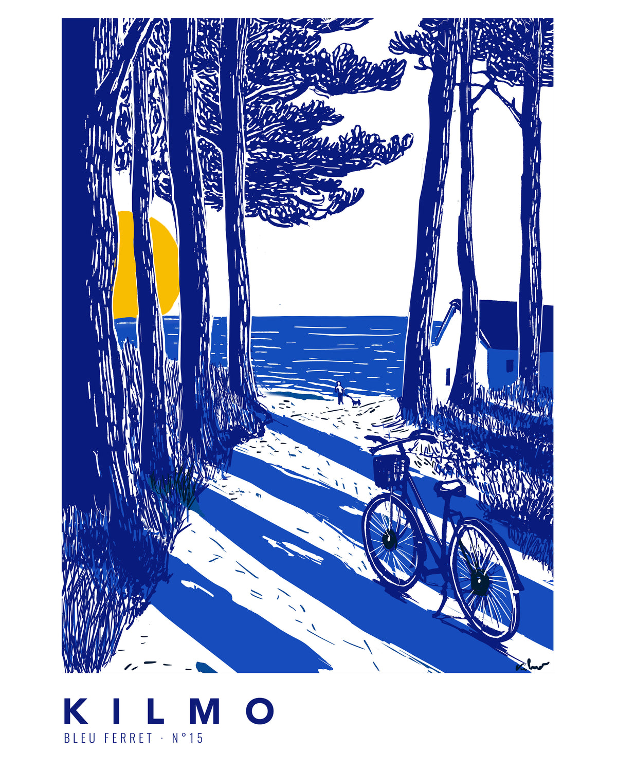 L'arrivée - Affiche Cap Ferret Plage et Pins | Poster Bassin d’Arcachon Bleu et Jaune | Décoration Bord de Mer | Bleu Ferret