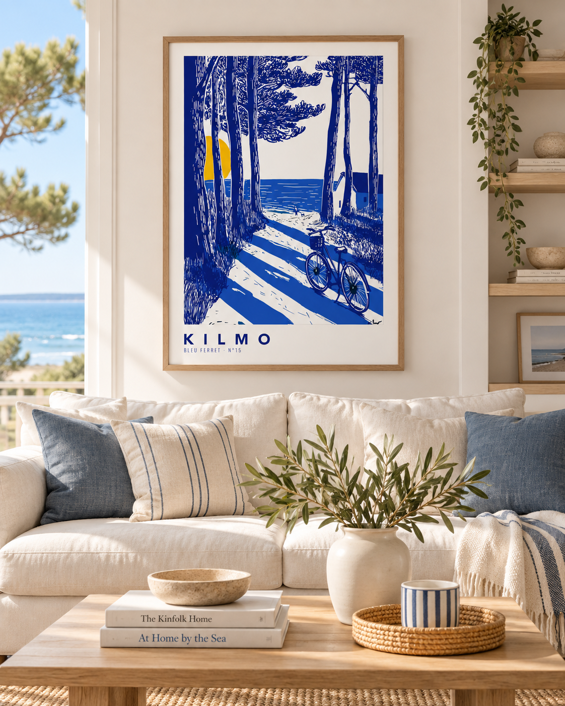 L'arrivée - Affiche Cap Ferret Plage et Pins | Poster Bassin d’Arcachon Bleu et Jaune | Décoration Bord de Mer | Bleu Ferret