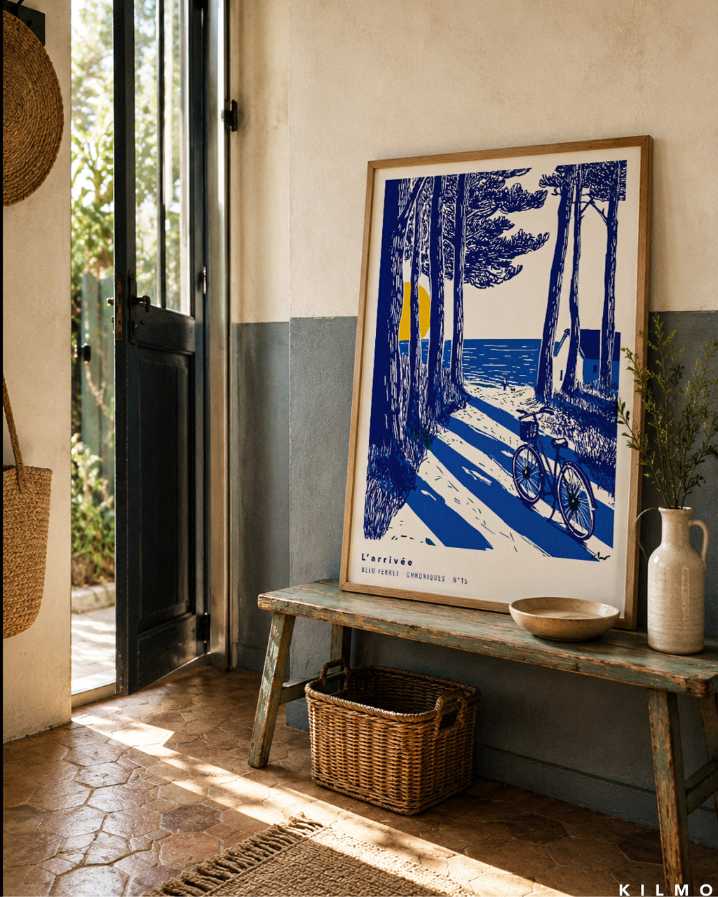 L'arrivée - Affiche Cap Ferret Plage et Pins | Poster Bassin d’Arcachon Bleu et Jaune | Décoration Bord de Mer | Bleu Ferret